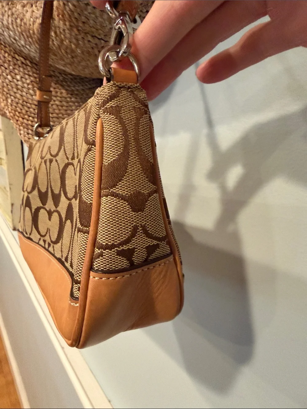 Coach Brown Tan Signature Canvas Shoulder Bag with Leather Trim #6094